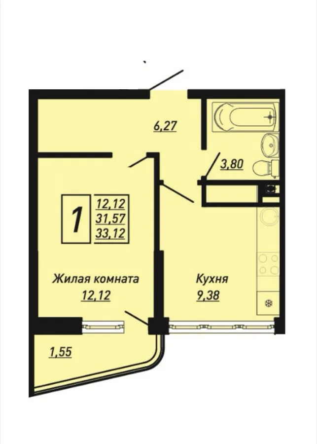 Планировка однокомнатной квартиры 33,12 м² в Sun Hills Ольгинка
