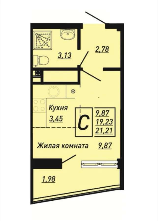 Планировка студии 21,21 м² в Sun Hills Ольгинка