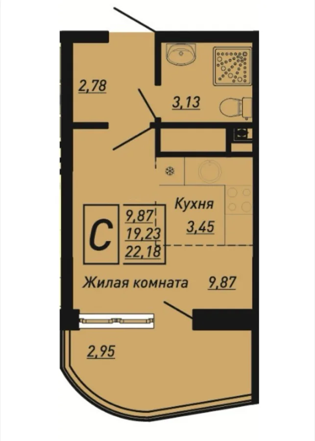 Планировка студии 22,18 м² в Sun Hills Ольгинка